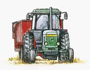 Studio Image Gallery: Illustration of man driving tractor pulling a trailer in field
