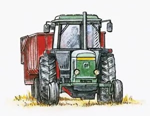 Pulling Prints: Illustration of man driving tractor pulling a trailer in field