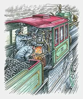Illustration of man driving train as another stokes the engine