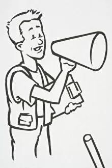 Images Dated 16th August 2006: Illustration, man holding clipboard and speaking into loudspeaker, side view