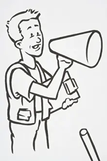 Megaphone Prints: Illustration, man holding clipboard and speaking into loudspeaker, side view