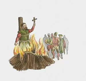 Illustration of man holding cross being burned to death at stake during 16th Century Reformation in Europe