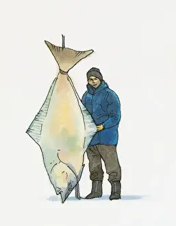 Warm Clothing Prints: Illustration of man holding European Turbot (Psetta maxima) caught in Black Sea region of Turkey