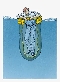 Exploration Prints: Illustration of a man inside a shark screen bag entering water