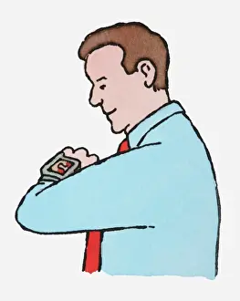 Wrist Prints: Illustration of man looking at pedometer on wrist