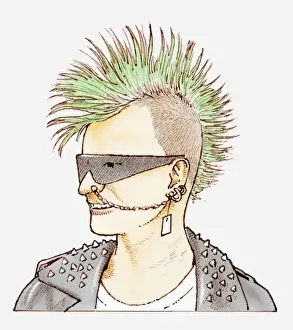 Earring Prints: Illustration of man with mohican haircut, sunglasses and chain