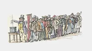 Mature Women Prints: Illustration of man placing voting slip in ballot box at front of long line of voters