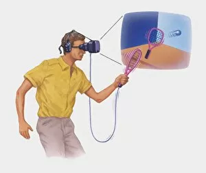 Images Dated 28th October 2009: Illustration of man playing virtual reality tennis