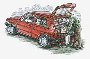 Images Dated 16th November 2009: Illustration of man putting groceries in hatchback car