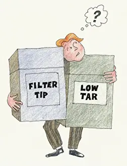 Choice Prints: Illustration of man with question mark above head holding two oversized filter tip and low tar cigarette packs