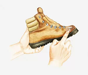 Images Dated 17th May 2011: Illustration of man repairing scuff on hiking boot