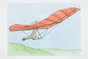 Images Dated 22nd August 2006: Illustration, man riding red hang glider over green hills, side view