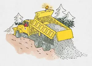Salt Prints: Illustration of man salting road cleared by yellow snowplough