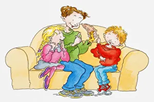 Images Dated 10th June 2010: Illustration of a man sitting on sofa with boy and girl, showing condom pulled over a banana