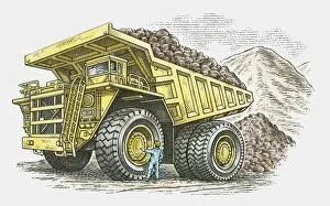 Images Dated 20th November 2009: Illustration of man standing near wheel of giant dumper truck