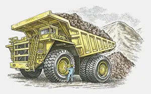 Large Prints: Illustration of man standing near wheel of giant dumper truck