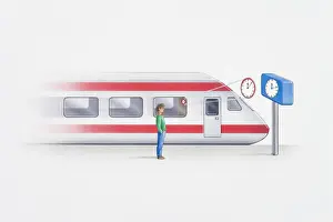 Illustration of man standing on platform next to stationary train