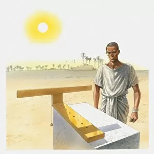 Images Dated 11th February 2010: Illustration of man standing next to a t-shaped sundial, Ancient Egypt