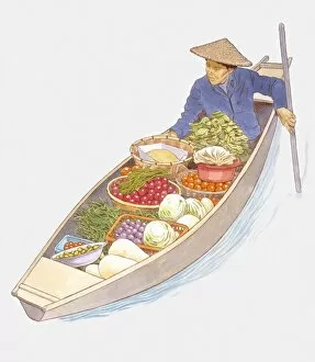 Illustration of man steering floating market boat