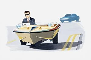 Illustration of man in suit travelling in a car converted from a speedboat