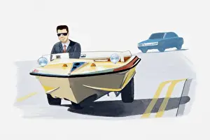 Eccentric Prints: Illustration of man in suit travelling in a car converted from a speedboat