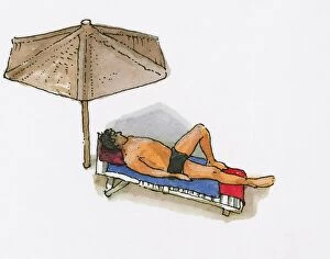 Illustration of man sunbathing on sun lounger under partial shade of umbrella