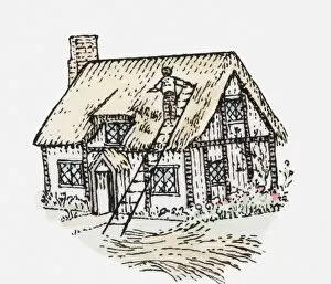Images Dated 17th June 2010: Illustration of man thatching cottage roof