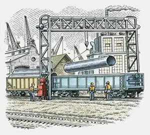 Picking Up Prints: Illustration of man using pulley to lift steel pipe from cargo train