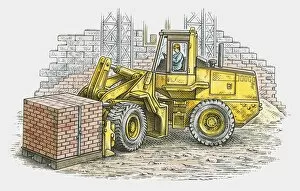 Images Dated 20th November 2009: Illustration of man using wheel loader to pick up stack of bricks