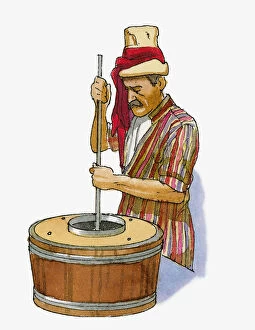 Wood Gallery: Illustration of man wearing traditional Turkish clothing, making cheese