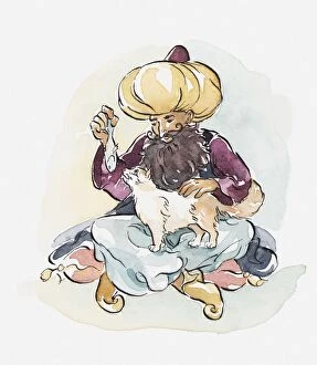Illustration of man wearing a turban feeding a fish to a Turkish van cat, also known as Turkish swimming cat