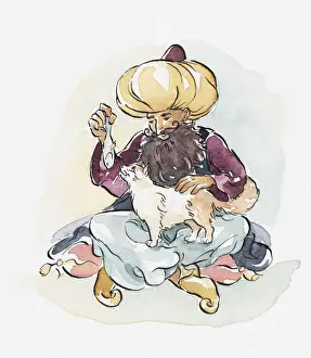 Lap Body Area Prints: Illustration of man wearing a turban feeding a fish to a Turkish van cat