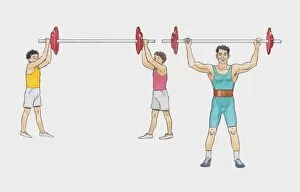 Illustration of man weightlifting and two men holding barbell above heads