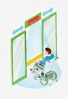 Images Dated 15th March 2011: Illustration of a man in a wheelchair approaching an automatic door with sensor beam