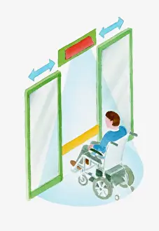 Disability Prints: Illustration of a man in a wheelchair approaching an automatic door with sensor beam