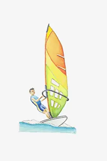 Windsurfing Prints: Illustration of man windsurfing at sea
