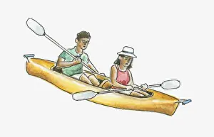 Kayaking Prints: Illustration of man and woman in canoe
