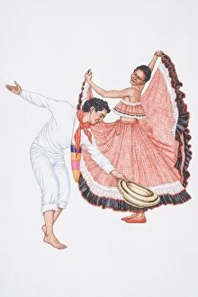 Performance Gallery: Illustration, man and woman dancing the cumbia, a Columbian folk dance, side view