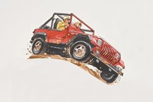 Illustration, man and woman driving small red jeep over sand hill, low angle view