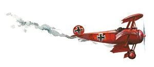 World War I (1914-1918) Gallery: Illustration of Manfred von Richthofens bright red Fokker Dr.I triplane falling from sky