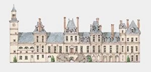 Ink And Brush Collection: Illustration of Mannerist style facadae of Chateau de Fontainebleau, Paris, France