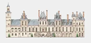 Facade Prints: Illustration of Mannerist style facadae of Chateau de Fontainebleau, Paris, France