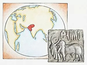 Pen And Ink Gallery: Illustration of map highlighting Indus Valley region and ancient tablet showing water buffalo