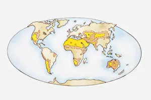 Arid Climate Prints: Illustration, map of the world showing desert regions (yellow) and regions in danger of desertification (orange)