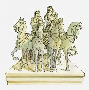 Illustration of marble statue of Mausolus and Artemisia of Caria in horse-drawn chariot