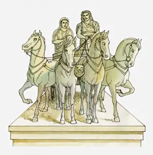 Chariot Prints: Illustration of marble statue of Mausolus and Artemisia of Caria in horse-drawn chariot