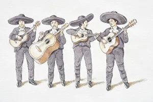 Traditional Clothing Gallery: Illustration, mariachi band consisting of four guitarists in grey Mexican hats and matching suits