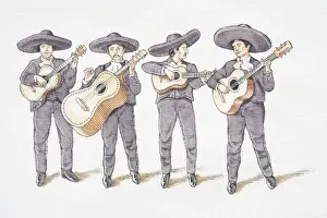 Musical Instrument Prints: Illustration, mariachi band consisting of four guitarists in grey Mexican hats and matching suits