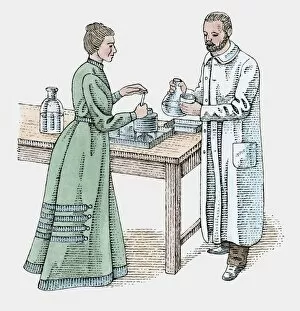 Ink And Brush Collection: Illustration of Marie and Pierre Curie standing at workbench in laboratory