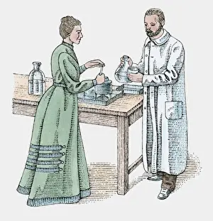 Laboratory Prints: Illustration of Marie and Pierre Curie standing at workbench in laboratory